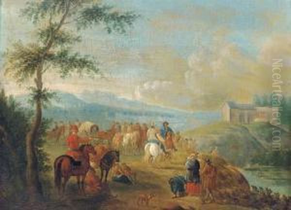 A Landscape With Travellers At Halt By A River Oil Painting by Pieter Gysels