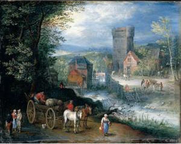 A River Landscape With A Watermill, Travellers And A Horse And Cart In The Foreground Oil Painting by Pieter Gysels