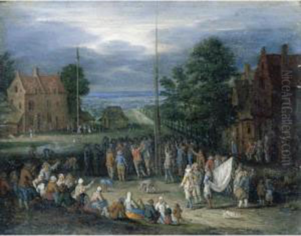 A Village Scene With Figures Shooting The Popingay And Dancing Around A Maypole Oil Painting by Pieter Gysels