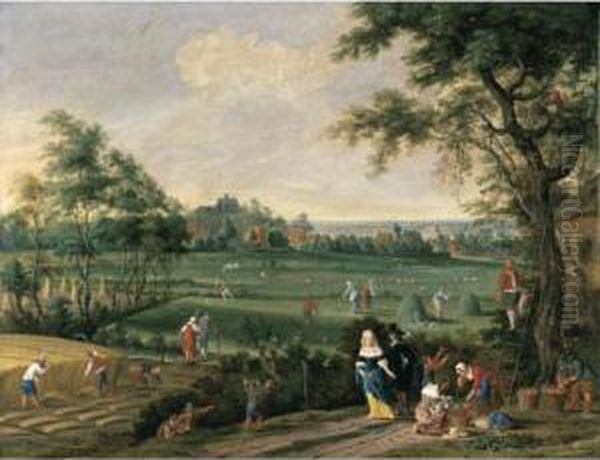 A Late Summer Landscape With 
Peasants Harvesting Corn, Raking Hay And Picking Fruit, Observed By An 
Elegant Couple On A Road Oil Painting by Pieter Gysels