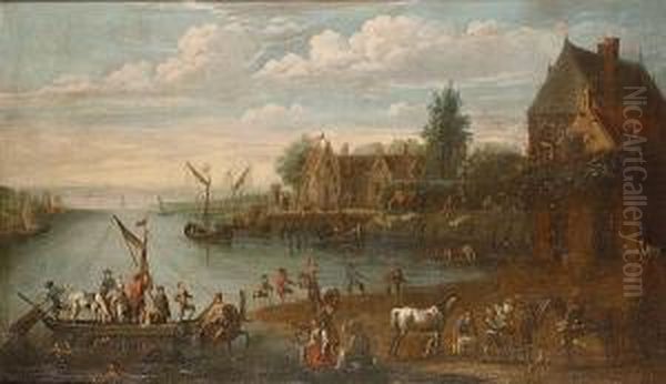 A Busy Riverside Town With Figures Disembarking From A Ferry Oil Painting by Pieter Gysels