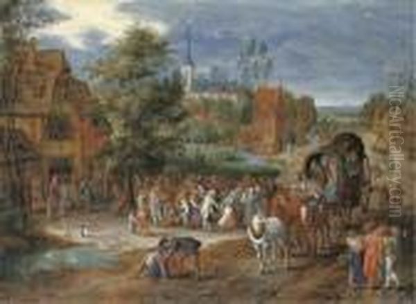 A Village Kermesse With A Horse-drawn Cart In The Foreground Oil Painting by Pieter Gysels