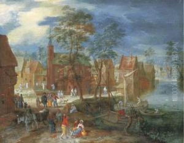 A Village Scene With Peasants Strolling By A River Bank Oil Painting by Pieter Gysels