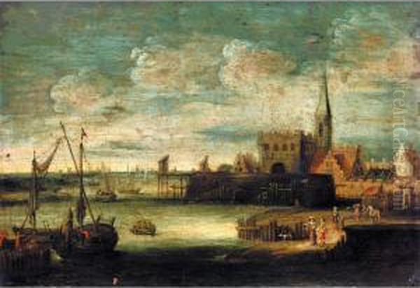 A Port Scene With Figures On A Quay Oil Painting by Pieter Gysels