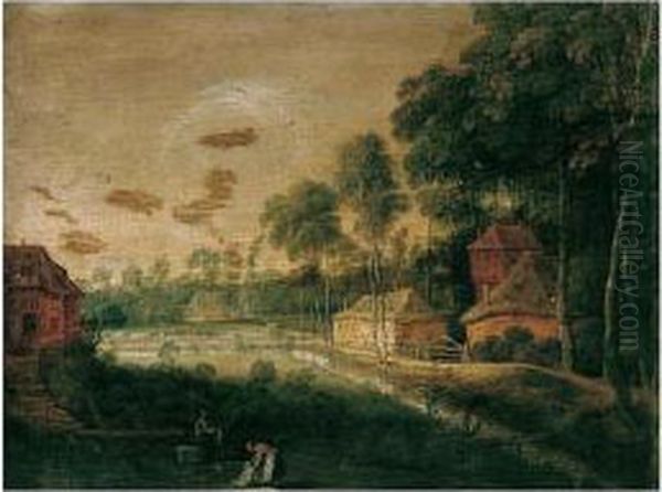 A Village Scene With Figures Bleaching Linen In The Foreground, A Waggoner Beyond Oil Painting by Pieter Gysels