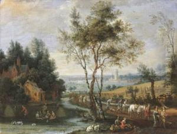 Summer: A Pastoral Landscape 
With Peasants At Harvest And Returningfrom Market, A City In The 
Distance Oil Painting by Pieter Gysels