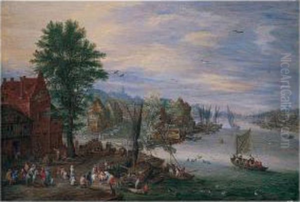 A Village Scene With Boats And Fishermen By A River Oil Painting by Pieter Gysels