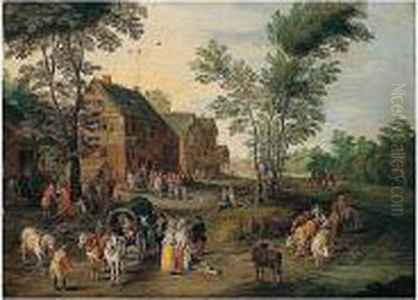 A Village Scene With A Wagon And Elegant Figures Halted Near An Inn Oil Painting by Pieter Gysels