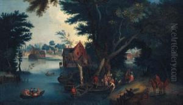 A Wooded River Landscape With Figures Boating By A Village Oil Painting by Pieter Gysels