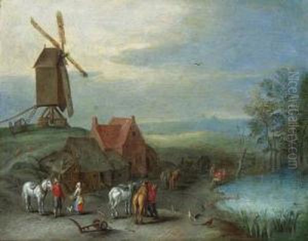 A Landscape With A Windmill And Peasants And Horses By A Pool Oil Painting by Pieter Gysels