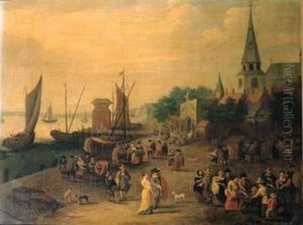 A Fishmonger On A Quay Outside A City Gate Oil Painting by Pieter Gysels