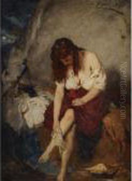 Girl Washing By A River Oil Painting by Nicholaos Gysis