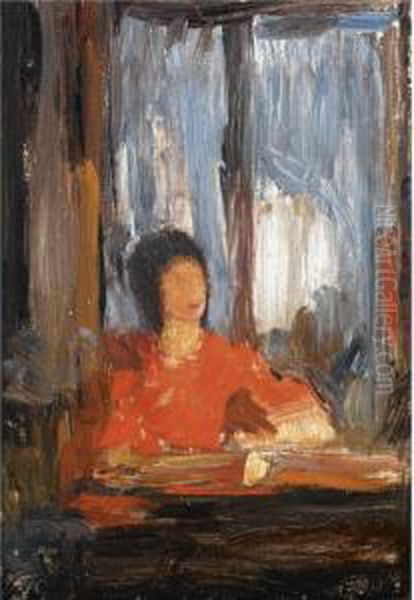 Seated Woman With A Red Dress Next To A Window Oil Painting by Nicholaos Gysis