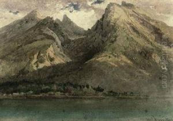 An Alpine Lake Oil Painting by Carl Haag