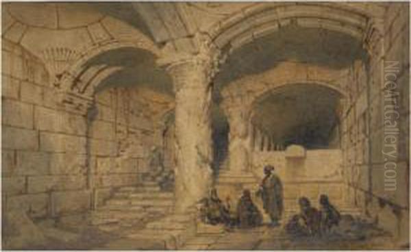 Arab Figures In A Vault Within The Al-aqsa Mosque, Jerusalem Oil Painting by Carl Haag