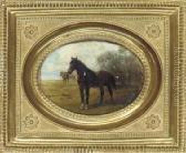 A Dark Brown Hunter In A Landscape Oil Painting by Hans Johann Haag