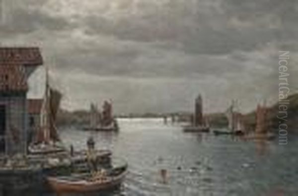 Fishing Harbour Oil Painting by Lars Laurits Larsen Haaland