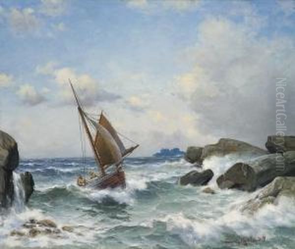 Sailing Boat In A Narrow Strait Oil Painting by Lars Laurits Larsen Haaland