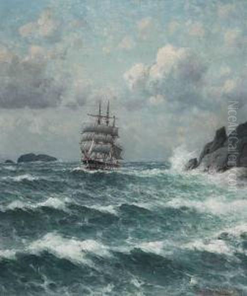 Fullrigger Ved Den Norske Kyst Oil Painting by Lars Laurits Larsen Haaland