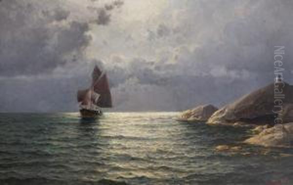 Sailing Ship By The Shore Oil Painting by Lars Laurits Larsen Haaland