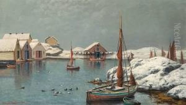 En Vinterdag I Havnen Oil Painting by Lars Laurits Larsen Haaland