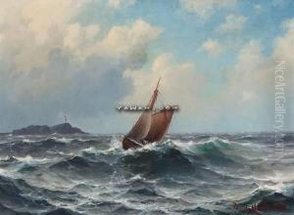 Losbat Pa Stormfullt Hav Oil Painting by Lars Laurits Larsen Haaland