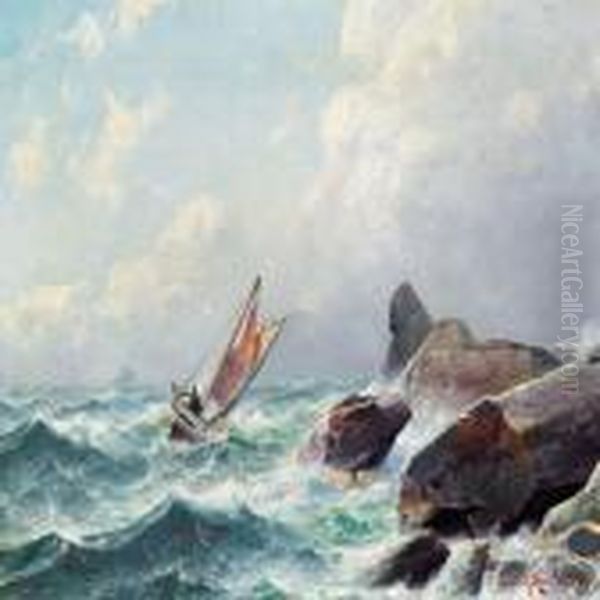 A Seascape Off A Rockycoast Oil Painting by Lars Laurits Larsen Haaland