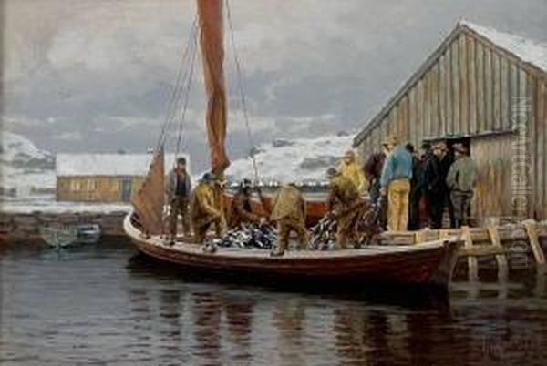 Fangsten Hales I Land 1889 Olje Pa Lerret Oil Painting by Lars Laurits Larsen Haaland