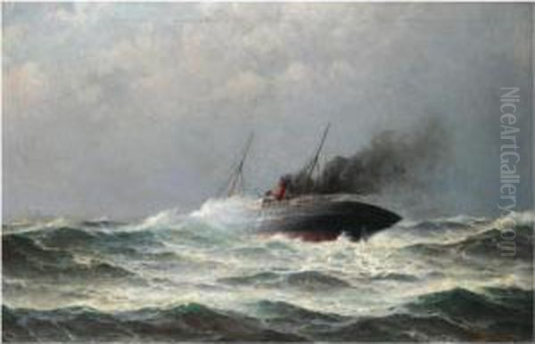 Steamship In Heavy Seas Oil Painting by Lars Laurits Larsen Haaland