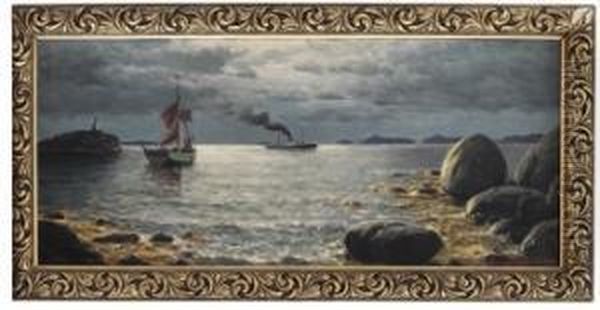 Seilskute Og Dampbat I Kystlandskap 1928 Oil Painting by Lars Laurits Larsen Haaland