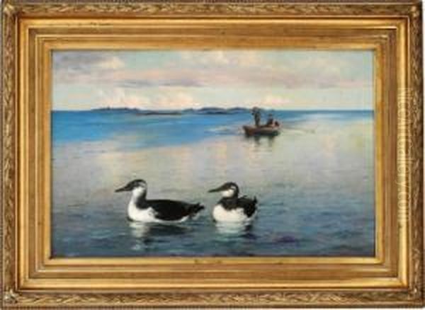 Lomvijakt 1904 Oil Painting by Lars Laurits Larsen Haaland