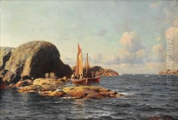 Seilbater Med Fiskere I Kystlandskap 1894 Oil Painting by Lars Laurits Larsen Haaland