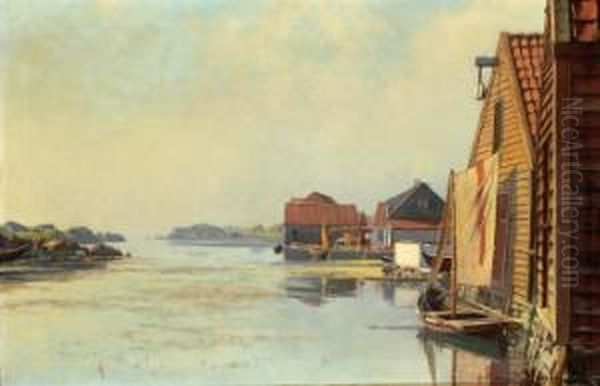 Losbat I Havn 1893 Oil Painting by Lars Laurits Larsen Haaland