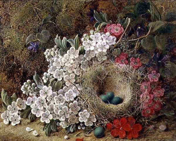 A bird's nest and blossom on a mossy bank Oil Painting by George Clare