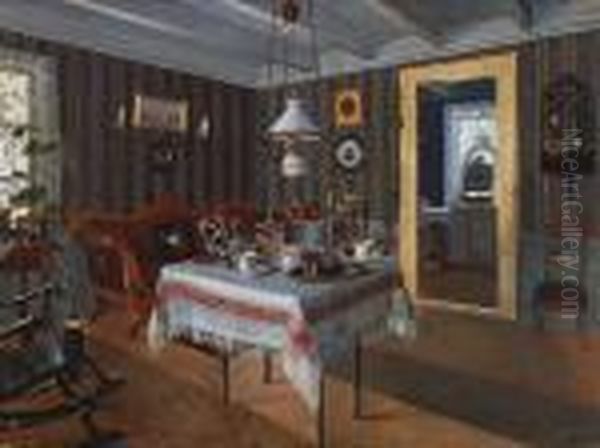 Interior Fra Et Skipperhus Oil Painting by Lars Laurits Larsen Haaland