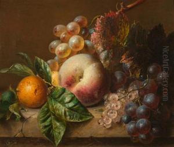 Fruit Still Life With Peach, Grapes, Berries And An Orange Oil Painting by Adriana-Johanna Haanen