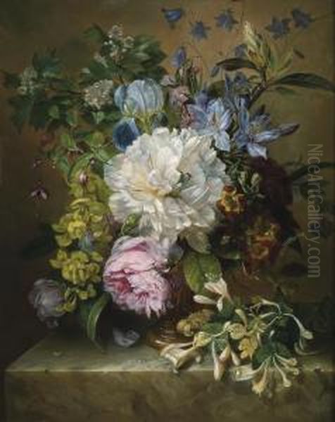 Summer Flowers On A Marble Ledge Oil Painting by Adriana-Johanna Haanen