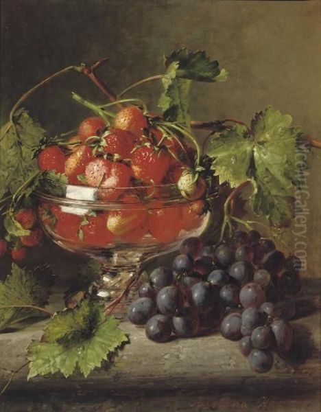 Strawberries In A Glass Bowl With Grapes On A Ledge Oil Painting by Adriana-Johanna Haanen