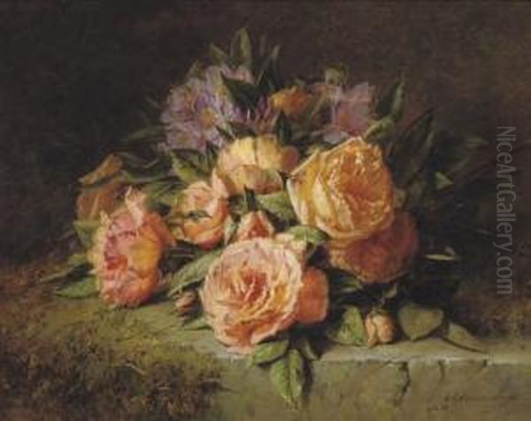 Pink Roses And Rhododendrons On A Marble Ledge Oil Painting by Adriana-Johanna Haanen