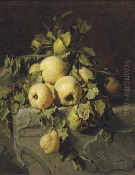 Quinces On A Ledge Oil Painting by Adriana-Johanna Haanen