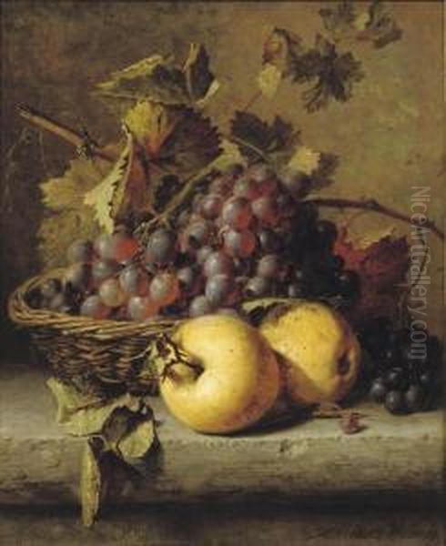 Apples And Grapes On A Ledge Oil Painting by Adriana-Johanna Haanen