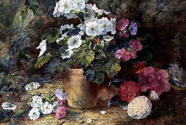 A Still Life of Pelargoniums in a Pot with Camellias Oil Painting by George Clare