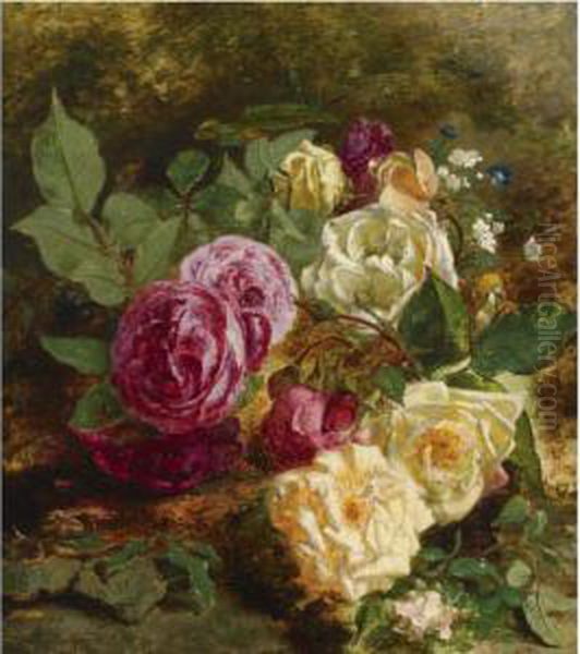 A Still Life With Roses Oil Painting by Adriana-Johanna Haanen