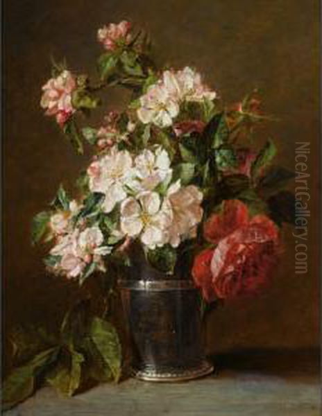 A Still Life Of Roses And Apple Blossom Oil Painting by Adriana-Johanna Haanen