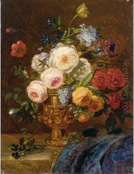 A Still Life With Flowers In A Golden Vase Oil Painting by Adriana-Johanna Haanen