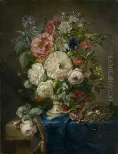 Stillleben Mit Blumenbouquet Und Vogelnest Oil Painting by Adriana-Johanna Haanen