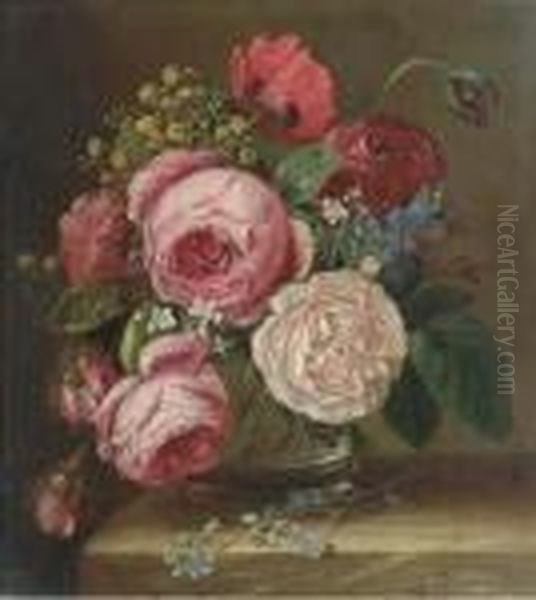 Roses In A Glass Vase On A Ledge Oil Painting by Adriana-Johanna Haanen