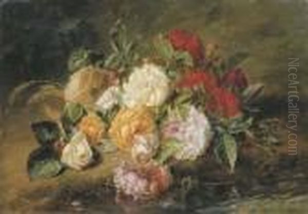 Roses By A Stream Oil Painting by Adriana-Johanna Haanen