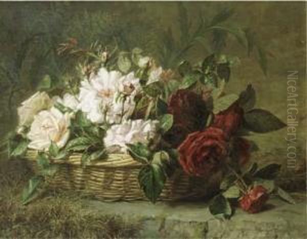 Roses In A Basket Oil Painting by Adriana-Johanna Haanen