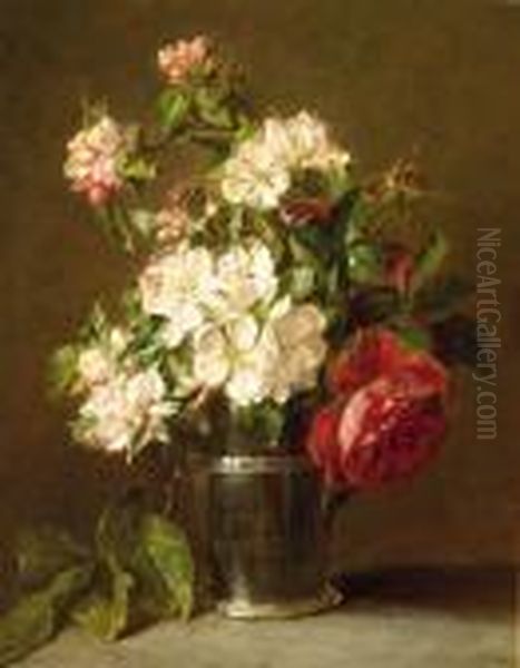 Appleblossom And Roses In A Silver Beaker Oil Painting by Adriana-Johanna Haanen